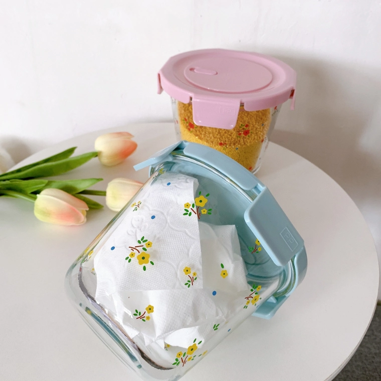 700ml Preservation Box Microwavable Lunch Box High Temperature Resistant Glass Soup Bowl Sealed Portable Household Cute Little Floral Bento Box