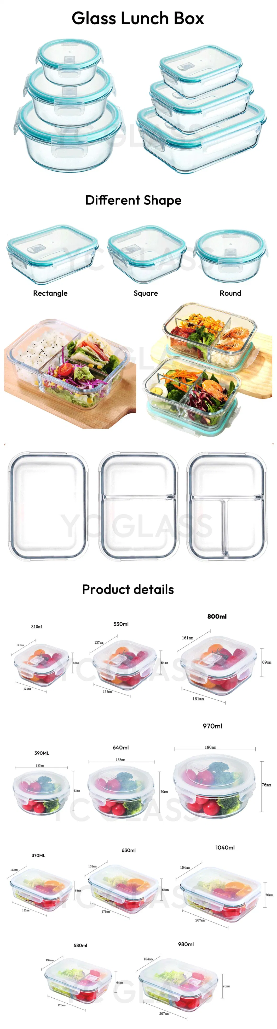 370ml 640ml 800ml 1040ml 1200ml Round Square Rectangle Personal Lunch Box Glass Microwave Safe with PP Lid